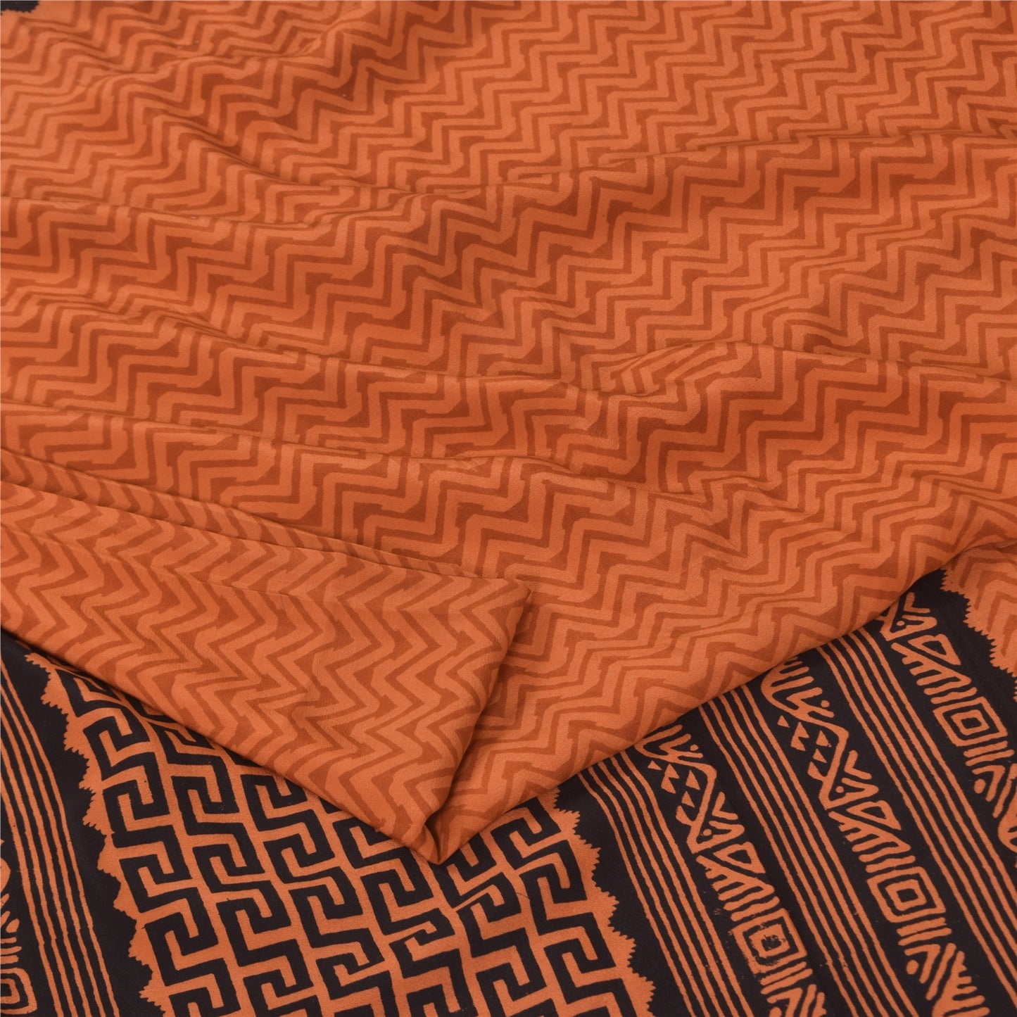 Sanskriti Vintage Sarees Saffron Pure Crepe Silk Printed Sari 5+yd Craft Sustainable Fabric