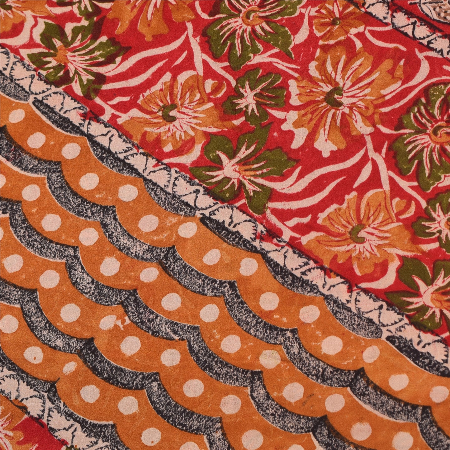 Sanskriti Vintage Sarees Red Pure Crepe Silk Printed Sari 5+yd Craft Sustainable Fabric