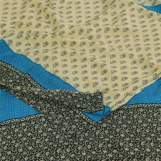 Sanskriti Vintage Sarees Cream Pure Crepe Silk Printed Sari 5+yd Craft Sustainable Fabric