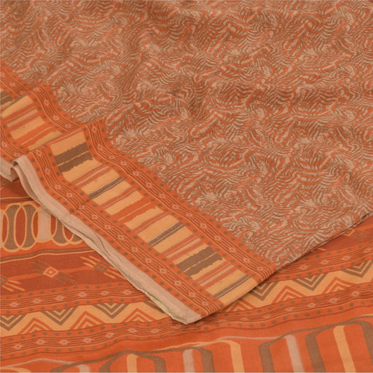 Sanskriti Vintage Sarees Orange/Brown Pure Crepe Printed Sari 5+yd Craft Sustainable Fabric