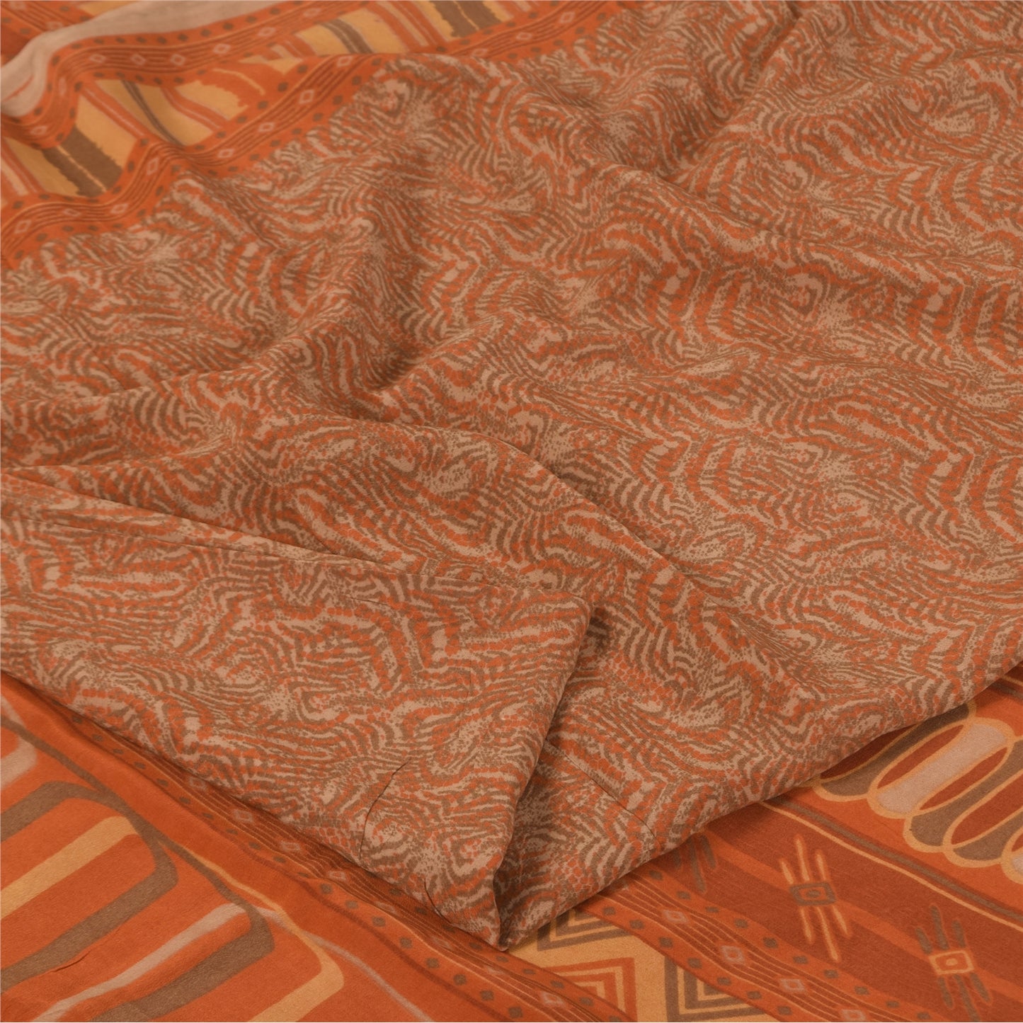 Sanskriti Vintage Sarees Orange/Brown Pure Crepe Printed Sari 5+yd Craft Sustainable Fabric