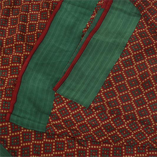 Sanskriti Vintage Sarees Red Bandhani Printed Pure Crepe Sari 5+yd Craft Sustainable Fabric