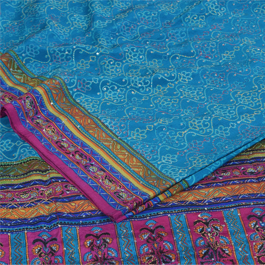 Sanskriti Vintage Sarees Blue HandEmbroidery Kantha Pure Crepe Print Sari Sustainable Fabric