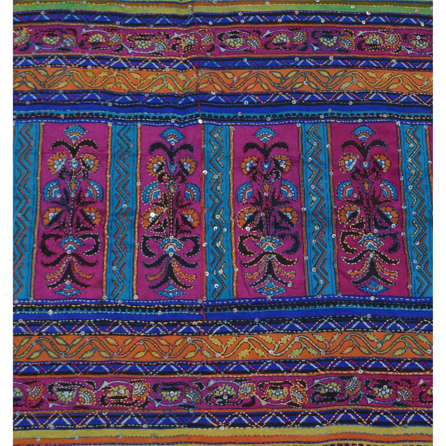 Sanskriti Vintage Sarees Blue HandEmbroidery Kantha Pure Crepe Print Sari Sustainable Fabric