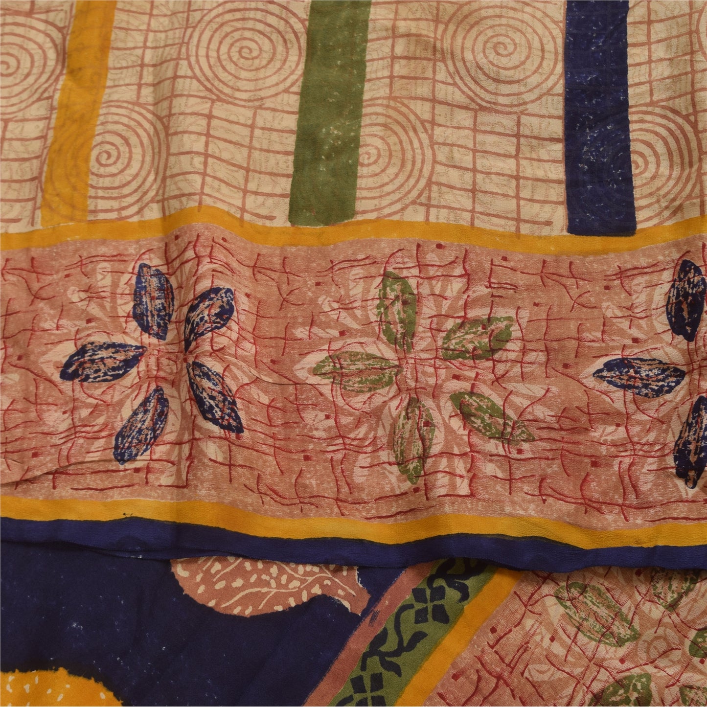 Sanskriti Vintage Sarees Peach Pure Crepe Silk Printed Sari 5+yd Craft Sustainable Fabric