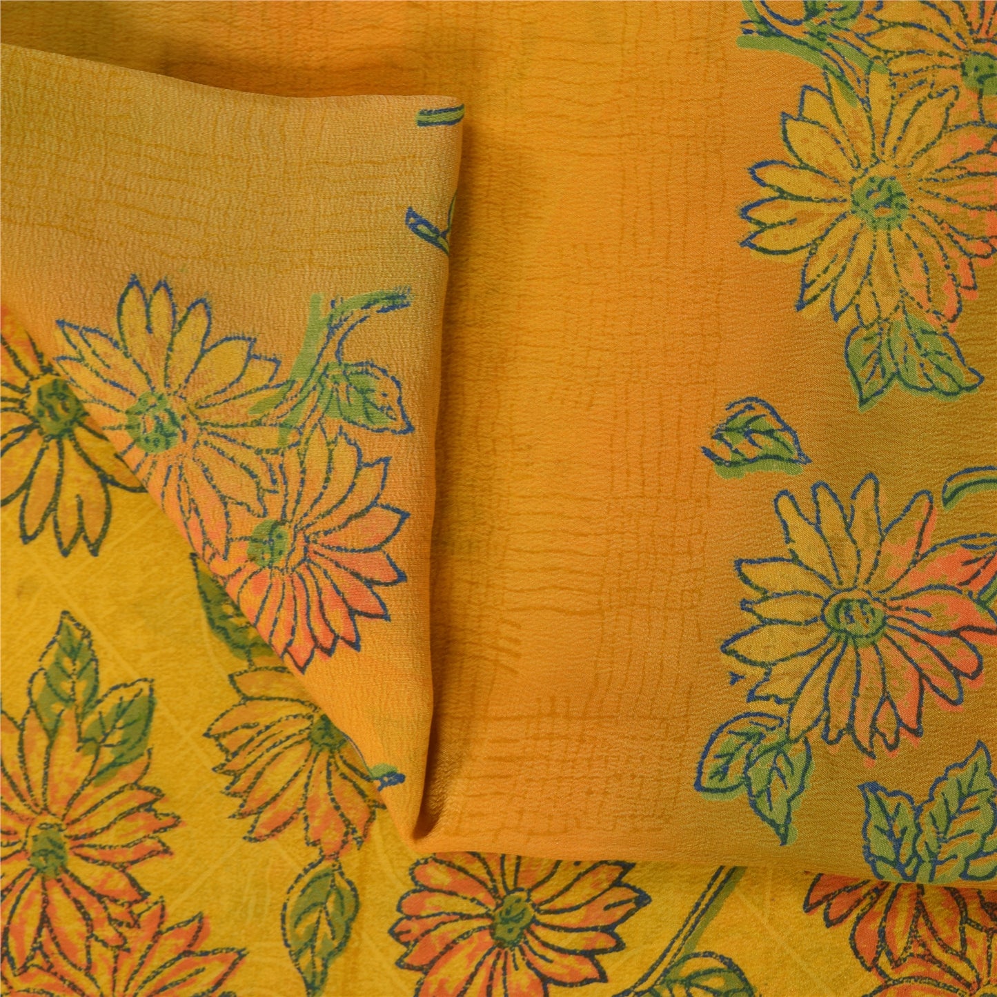 Санскритские винтажные сари из чистого желтого крепированного шелка с принтом, 5+ ярдов, ремесленная устойчивая ткань