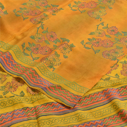 Sanskriti Vintage Sarees Yellow Pure Crepe Silk Printed Sari 5+yd Craft Sustainable Fabric