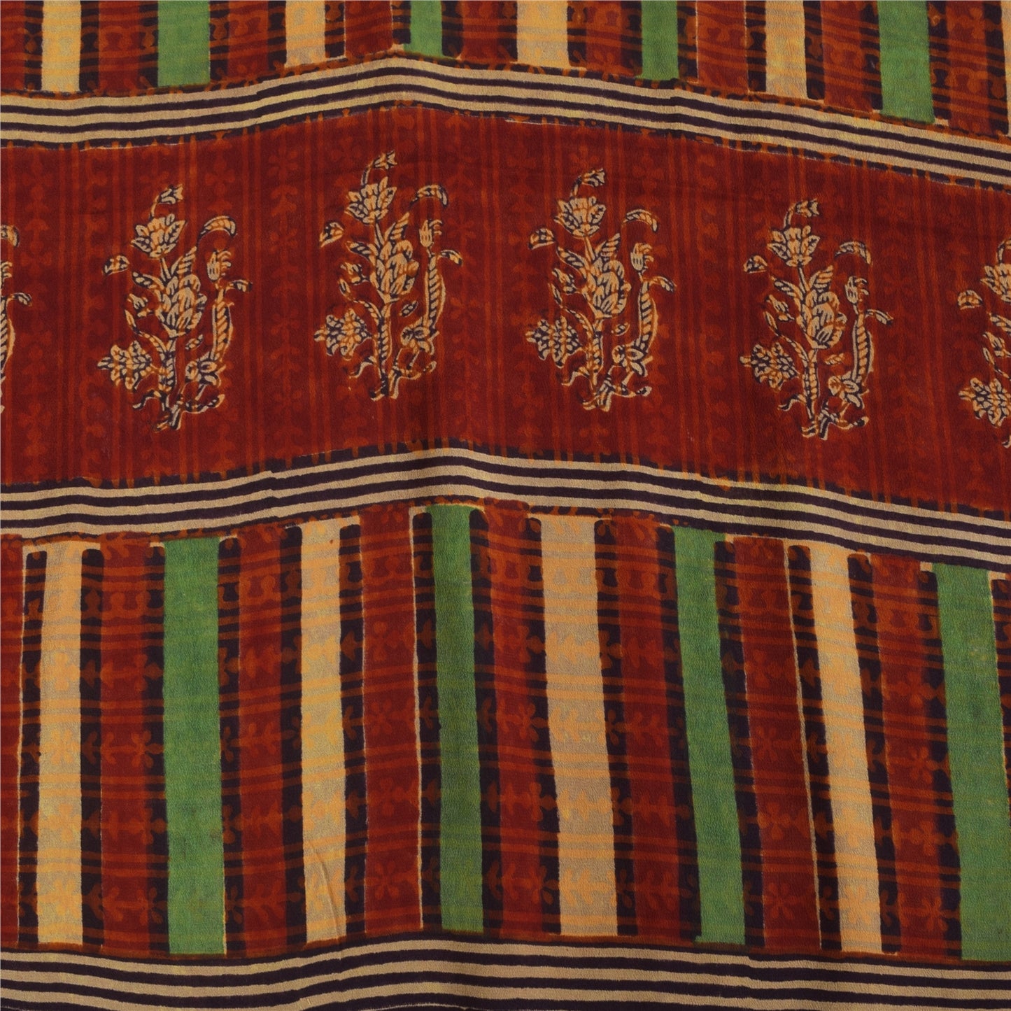 Sanskriti Vintage Sarees Green Pure Crepe Hand Block Printed Sari 5+yd Sustainable Fabric