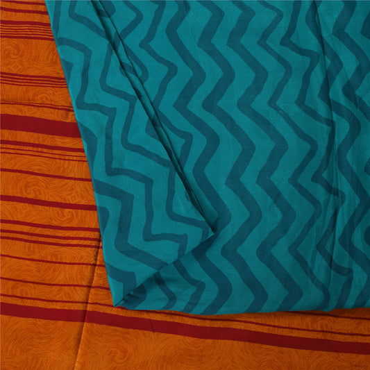 Sanskriti Vintage Sarier Rød/Blå Ren Crepe Silke Trykt Sari 5+ yard Håndværk Bæredygtigt Stoff