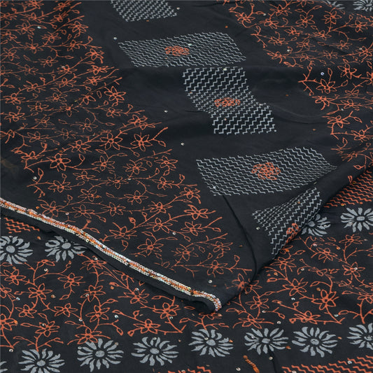 Сари Sanskriti Vintage, черное, расшитое вручную бисером, сари из чистого крепа, 5+ ярдов, устойчивая ткань