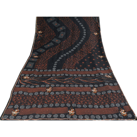 Sanskriti Vintage Sarees Black Hand Beaded Pure Crepe Printed Sari 5+yd Sustainable Fabric