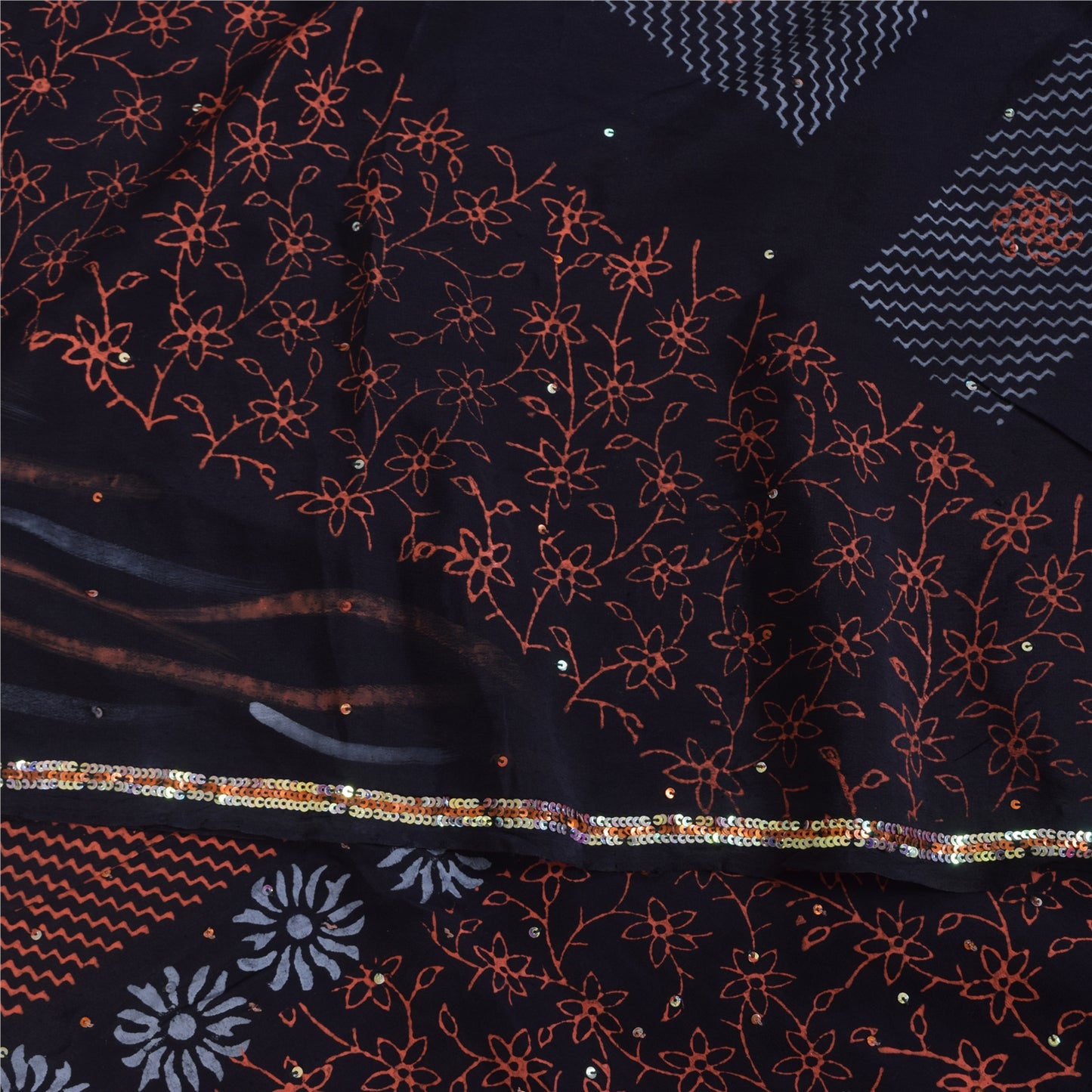 Sanskriti Vintage Sarees Black Hand Beaded Pure Crepe Printed Sari 5+yd Sustainable Fabric