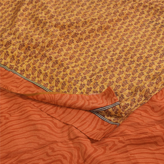 Sanskriti Vintage Sarees Saffron/Orange Pure Crepe Print Sari 5+yd Craft Sustainable Fabric