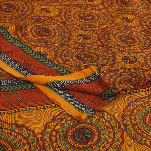 Sanskriti Vintage Sarees Saffron Pure Crepe Silk Printed Sari 6yd Craft Sustainable Fabric