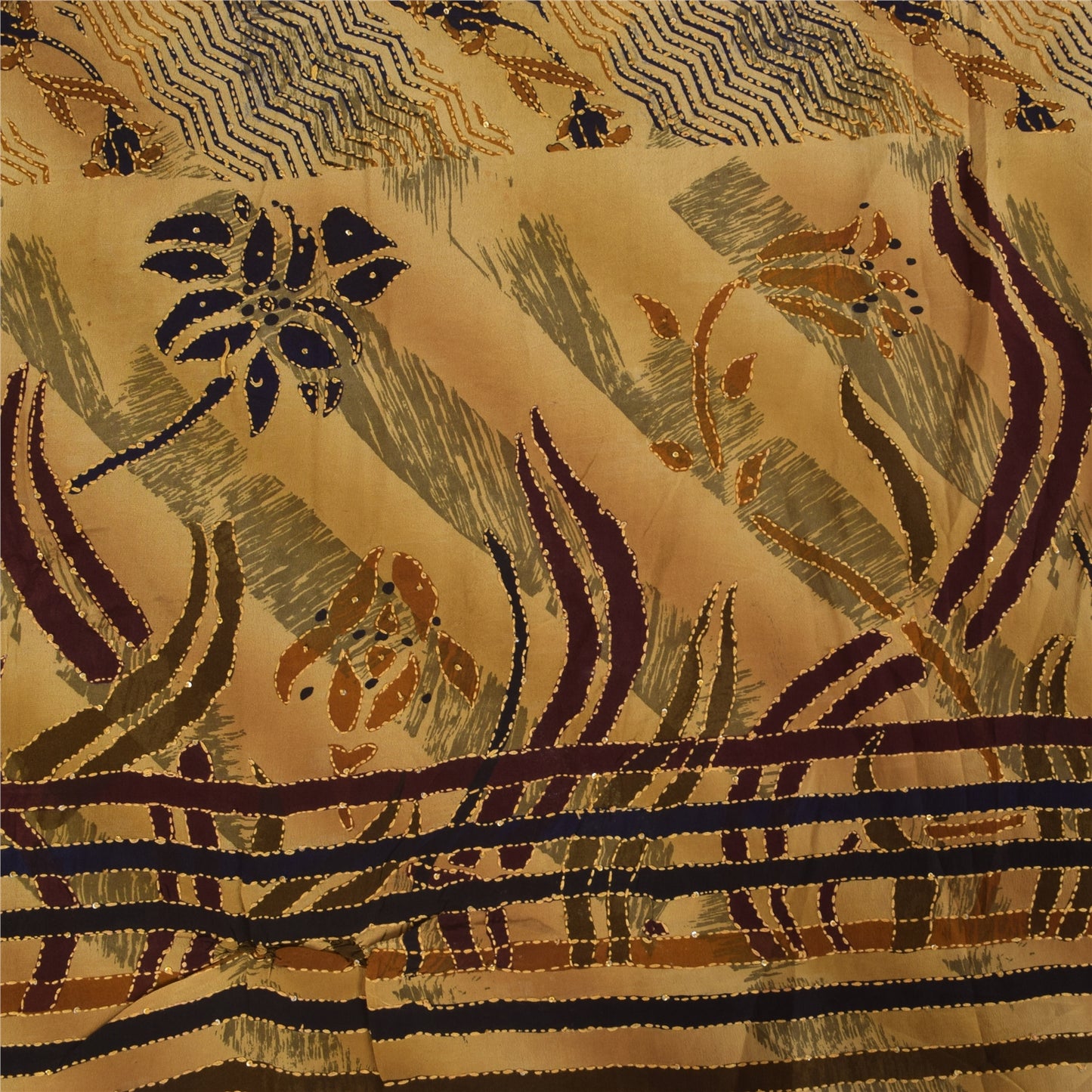 Sanskriti Vintage Sarees Hand Beaded Kantha Pure Crepe Printed Sari 5+yd Sustainable Fabric