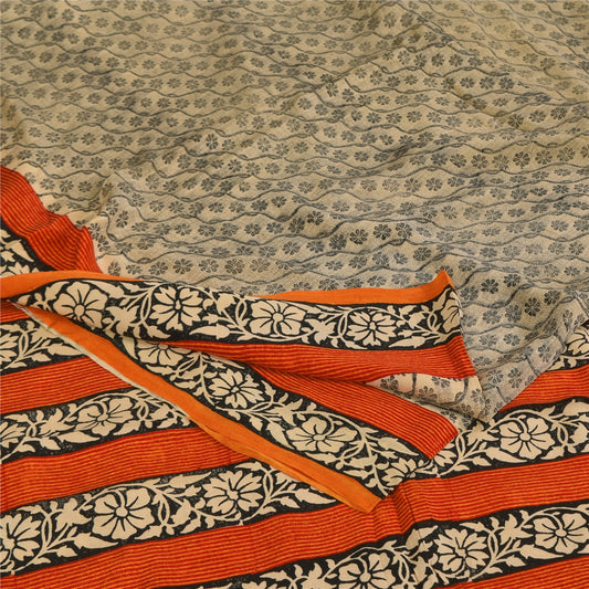 Sanskriti Vintage Sarees Ivory Kalamkari Print Pure Crepe Sari 5+yd Craft Sustainable Fabric