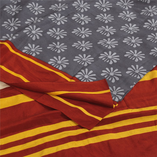 Sanskriti Vintage Sarees Gray Pure Crepe Silk Printed Sari 5+yd Craft Sustainable Fabric