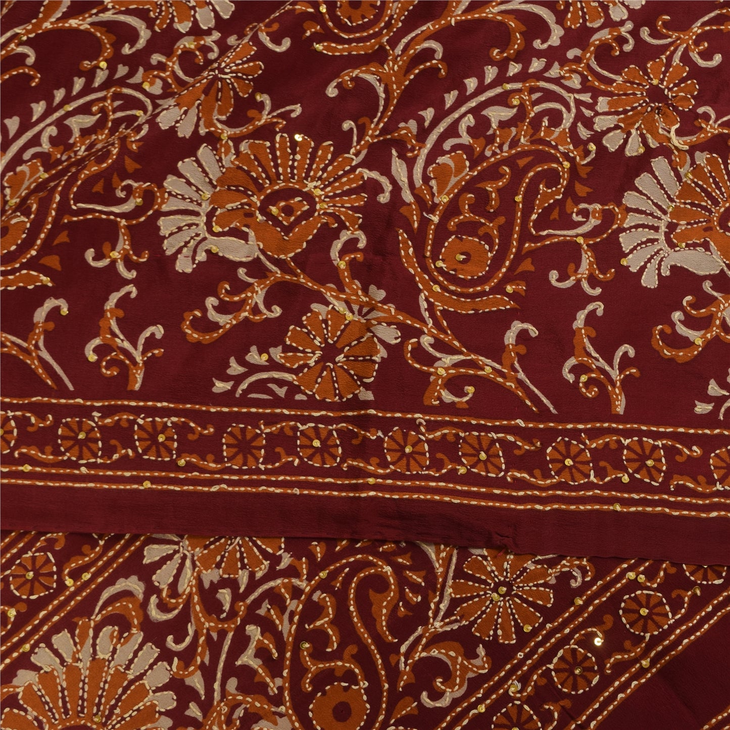 Sanskriti Vintage Sarees Red Hand Beads Kantha Pure Crepe Sari 5+yd Craft Sustainable Fabric