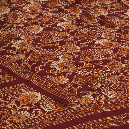 Sanskriti Vintage Sarees Red Hand Beads Kantha Pure Crepe Sari 5+yd Craft Sustainable Fabric