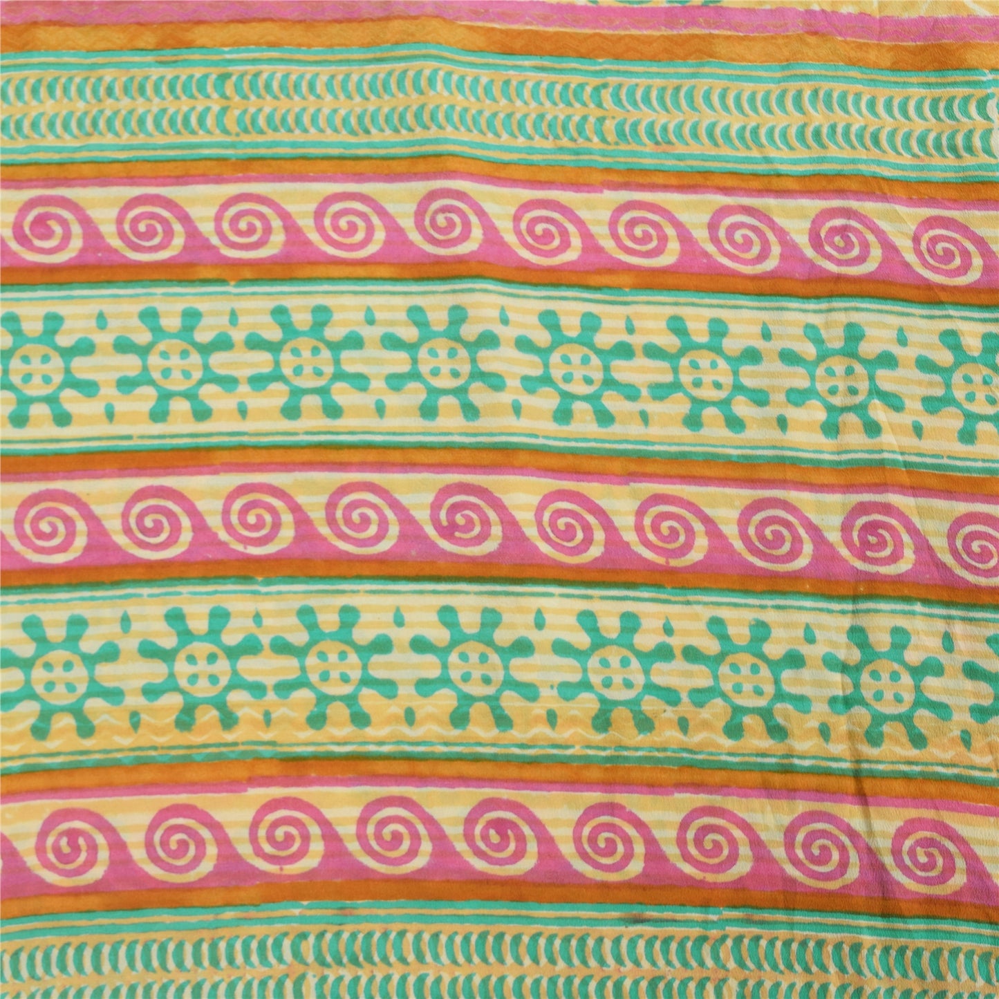 Sanskriti Vintage Sarees Green/Cream Hand Block Printed Pure Crepe Sari Sustainable Fabric