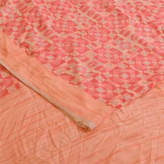 Sanskriti Vintage Sarees Coral & Peach Pure Crepe Printed Sari 6yd Craft Fabric