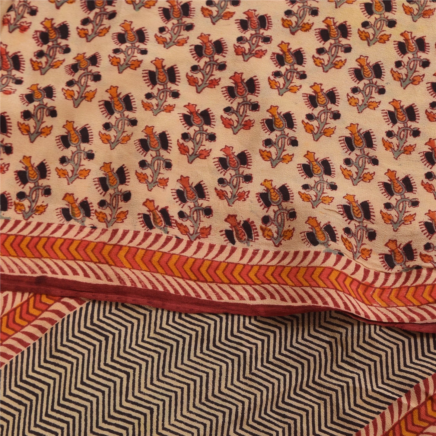 Sanskriti Vintage Sarees Peach Pure Crepe Silk Printed Sari 5+yd Craft Sustainable Fabric