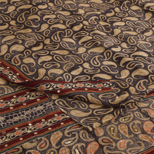 Sanskriti Vintage Sarees Brown Embroidered Pure Crepe Printed Sari 5+yd Sustainable Fabric