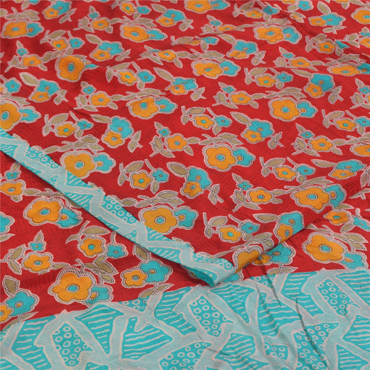 Sanskriti Vintage Sarees Red Pure Crepe Silk Printed Sari 5+yd Craft Sustainable Fabric