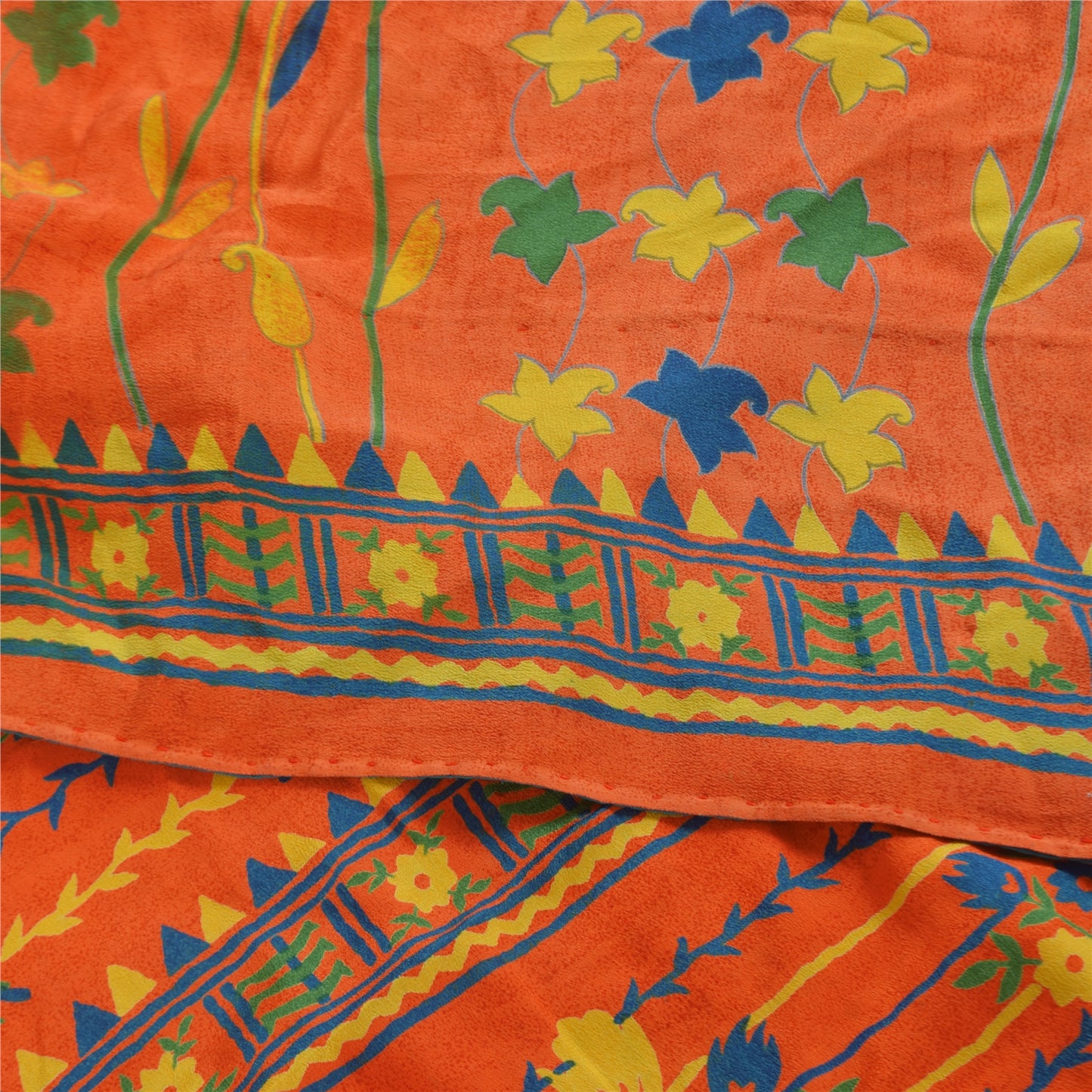 Sanskriti Vintage Sarees Blue & Orange Pure Crepe Silk Printed Sari 5+yd Sustainable Fabric