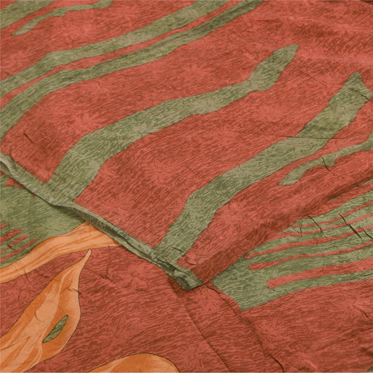 Sanskriti Vintage Sarees Orange & Green Pure Crepe Print Sari 5+yd Craft Sustainable Fabric
