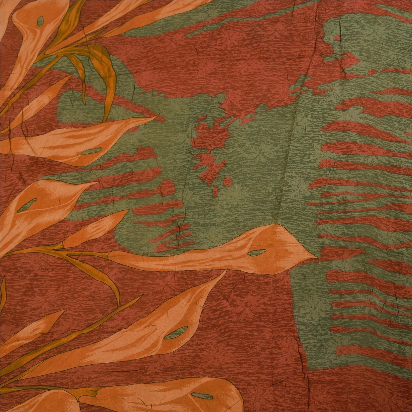 Sanskriti Vintage Sarees Orange & Green Pure Crepe Print Sari 5+yd Craft Sustainable Fabric