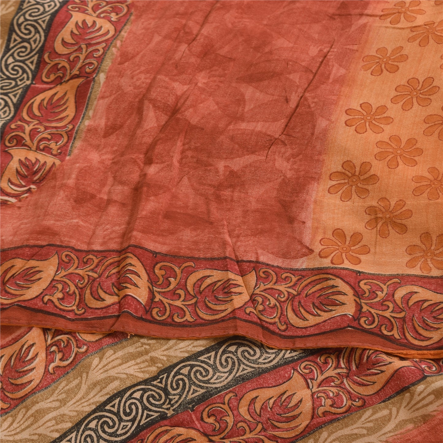 Sanskriti Vintage Sarees Peach & Pink Pure Crepe Printed Sari 5+yd Craft Sustainable Fabric