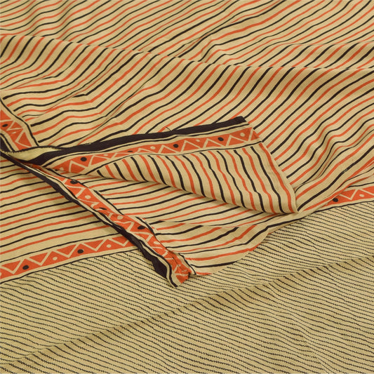 Sanskriti Vintage Sarees Ivory Pure Crepe Geometric Print Sari 5+yd Craft Fabric