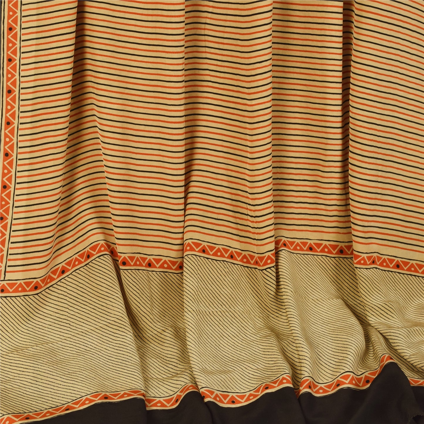 Sanskriti Vintage Sarees Ivory Pure Crepe Geometric Print Sari 5+yd Craft Fabric