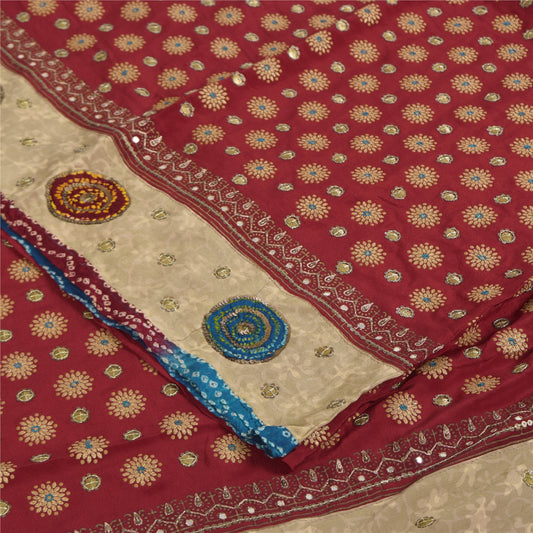 Sanskriti Vintage Sarees Red Embroidered & Painted Pure Crepe Sari 6yd Sustainable Fabric