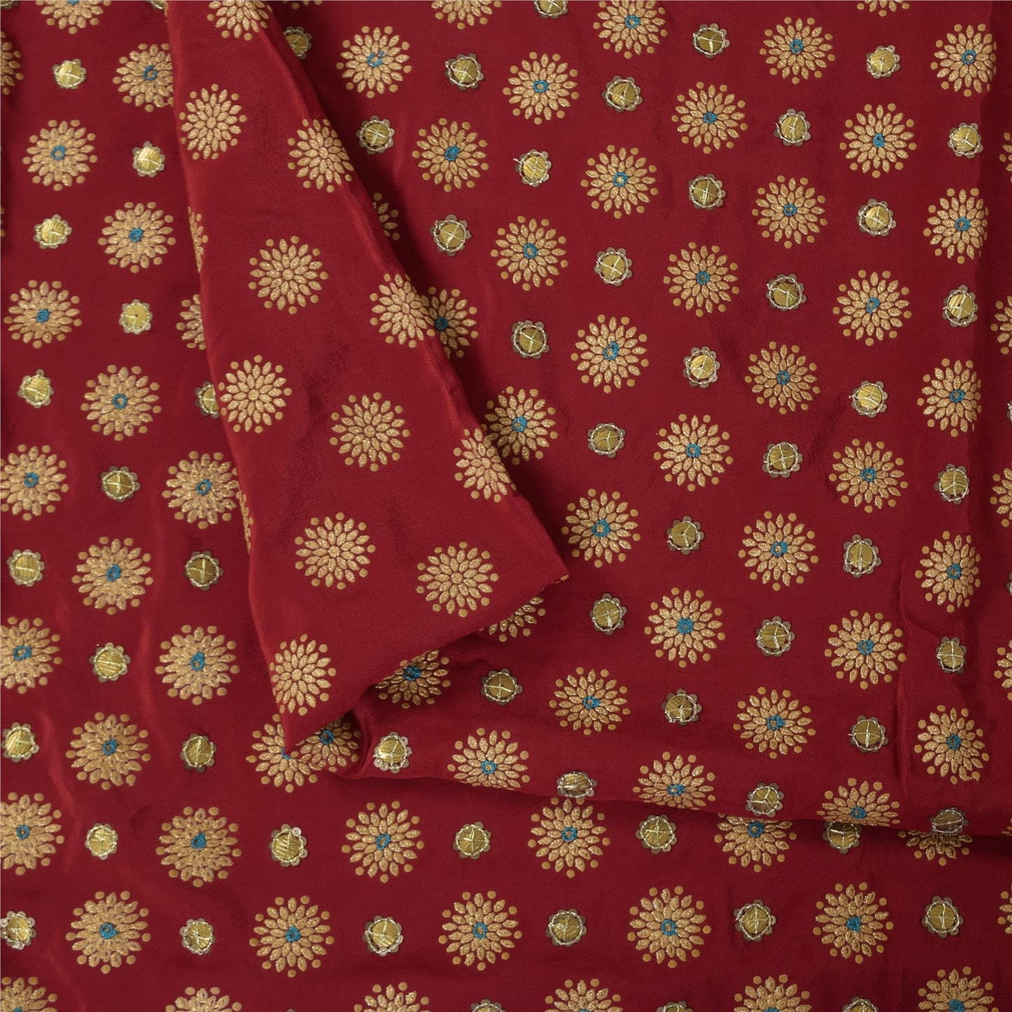 Sanskriti Vintage Sarees Red Embroidered & Painted Pure Crepe Sari 6yd Sustainable Fabric