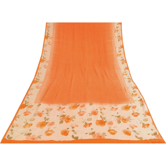 Sanskriti Vintage Sarees Orange Pure Crepe Silk Printed Sari 5+yd Craft Sustainable Fabric