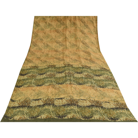 Sanskriti Vintage Sarees Beige Pure Crepe Silk Printed Sari 5+yd Craft Sustainable Fabric