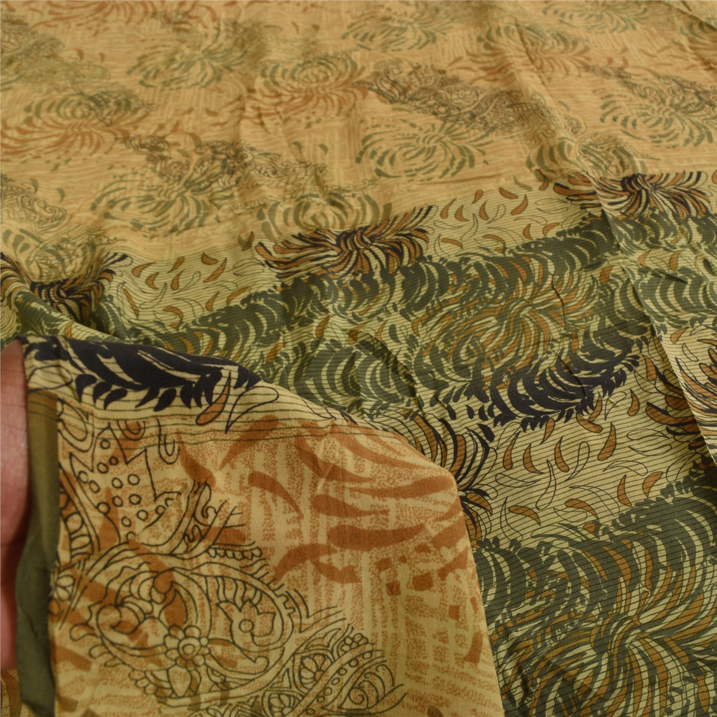 Sanskriti Vintage Sarees Beige Pure Crepe Silk Printed Sari 5+yd Craft Sustainable Fabric