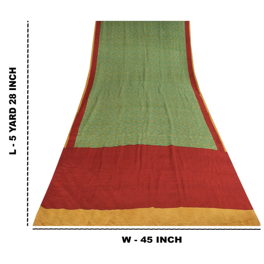 Sanskriti Vintage Sarees Green Pure Crepe Silk Printed Sari 5+yd Craft Sustainable Fabric