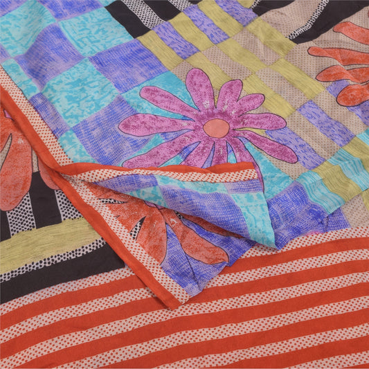 Sanskriti Vintage Sarees Multicolor Pure Crepe Silk Print Sari 5+yd Craft Fabric