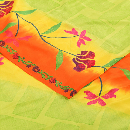 Sanskriti Vintage Sarees Green Pure Crepe Silk Printed Sari 5+yd Craft Sustainable Fabric