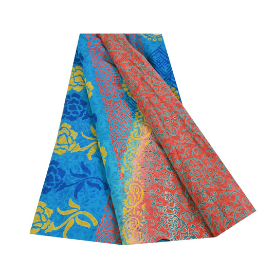 Sanskriti Vintage Sarier Blå & Orange Ren Crepe Silke Trykt Sari 5+ yards Bæredygtigt Stof