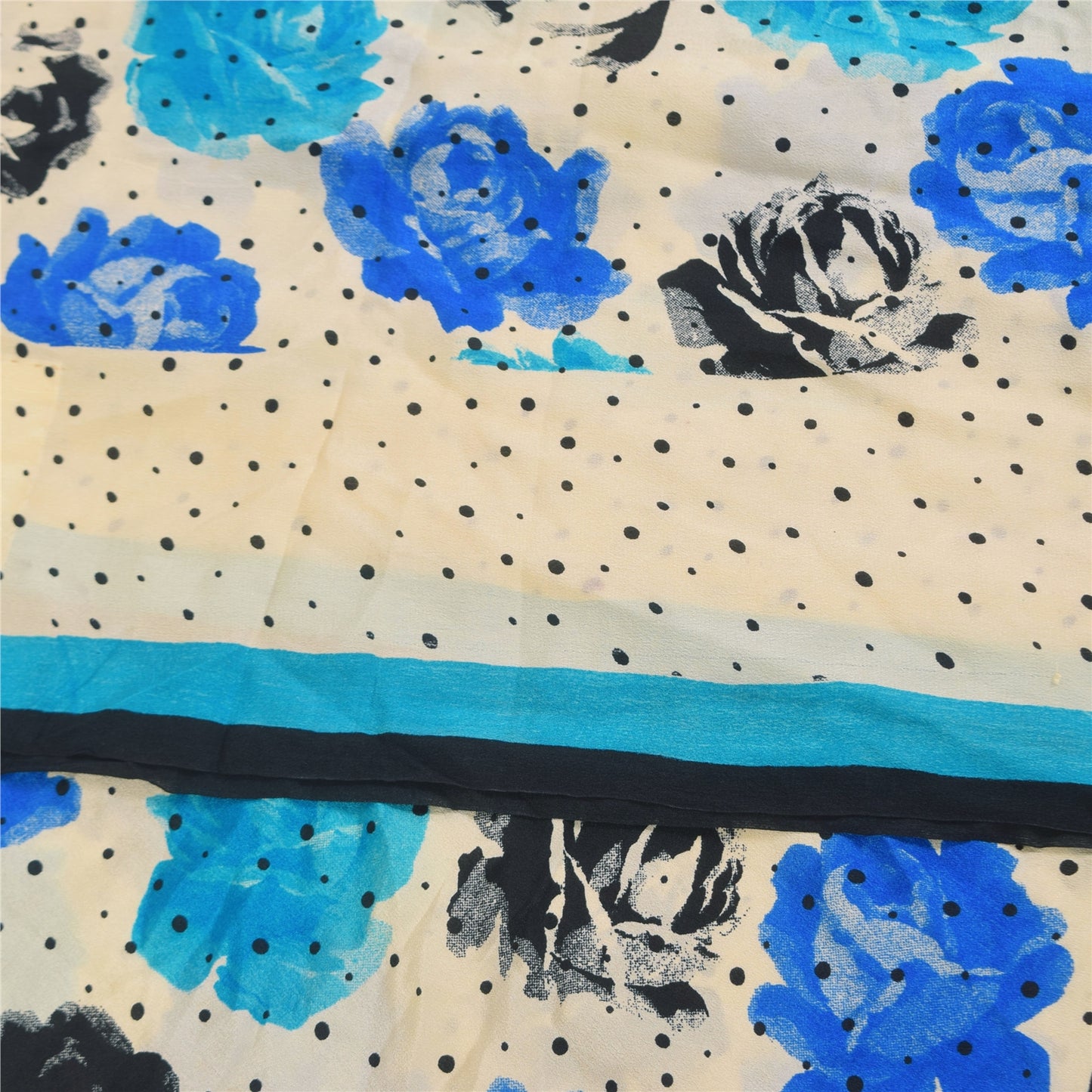 Sanskriti Vintage Sarees Ivory Pure Crepe Silk Printed Sari 5+yd Craft Sustainable Fabric