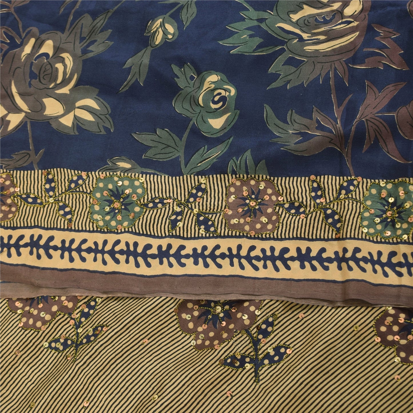 Санскритские винтажные сари синяя вышивка чистый креп шелк напечатанное сари 6 ярдов устойчивая ткань