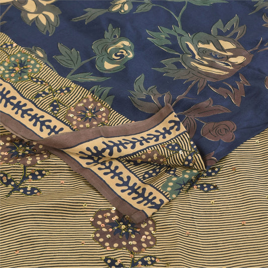 Sanskriti Vintage Sarees Blue Embroidery Pure Crepe Silk Printed Sari 6yd Sustainable Fabric