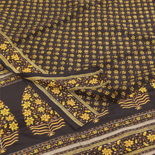 Sanskriti Vintage Sarees Brown Pure Crepe Silk Printed Sari 5+yd Craft Fabric