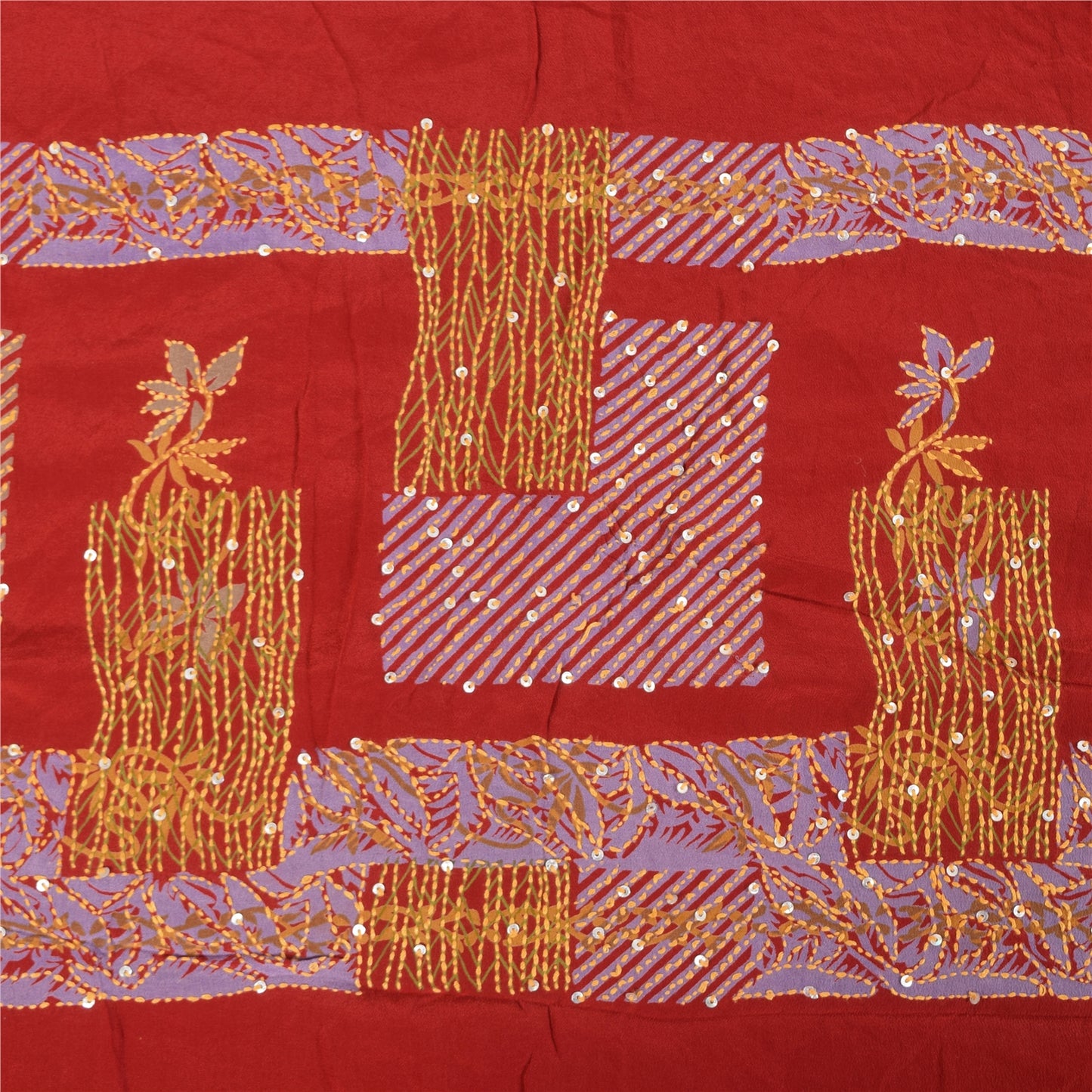 Sanskriti Vintage Sarees Red Hand Beaded Kantha Pure Crepe Printed Sari Fabric