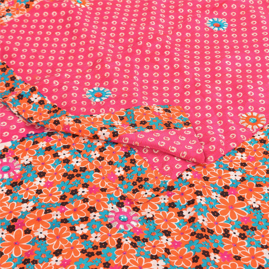 Sanskriti Vintage Sarees Pink Pure Crepe Hand Beaded Printed Sari 5+yd Fabric