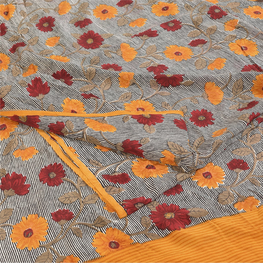 Sanskriti Vintage Sarees Black Pure Crepe Silk Printed Sari 5+yd Craft Fabric